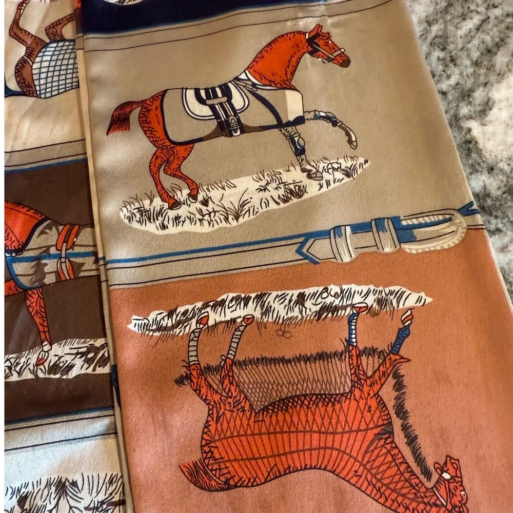 Equestrian Horse Print Silk Scarf Navy Orange Cream Derby Quiet Money Race